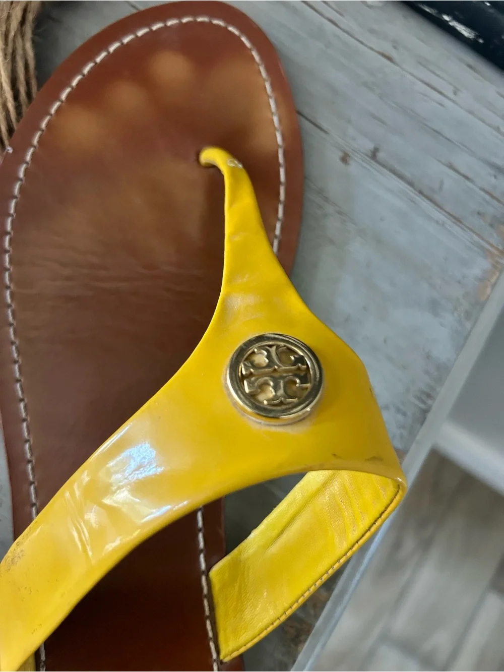 Tory Burch Yellow Patent Leather Logo Thong Sandals